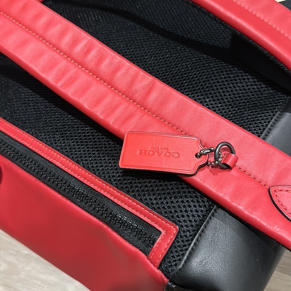 COACH TRACK COLORBLOCK KHAKI CANVAS RED LEATHER LOGO STAMP BACKPACK BAG - Picture 2 of 3